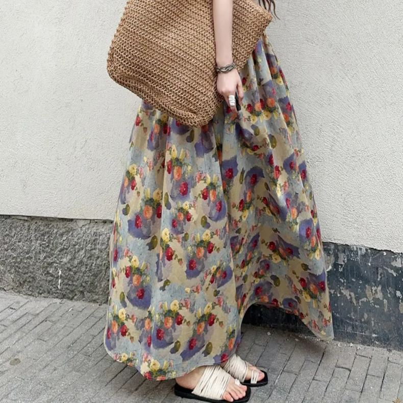 長款及踝油畫風復古印花減齡A字甜美洋裝-HaloBless