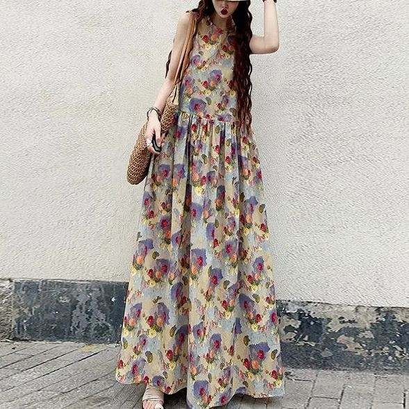 長款及踝油畫風復古印花減齡A字甜美洋裝-HaloBless