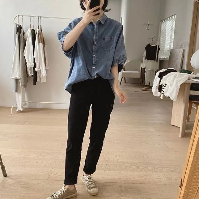 復古簡約寬鬆顯瘦燈籠袖牛仔襯衫-HaloBless