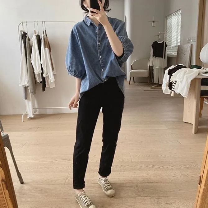 復古簡約寬鬆顯瘦燈籠袖牛仔襯衫-HaloBless