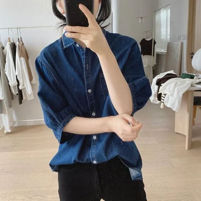 復古簡約寬鬆顯瘦燈籠袖牛仔襯衫-HaloBless