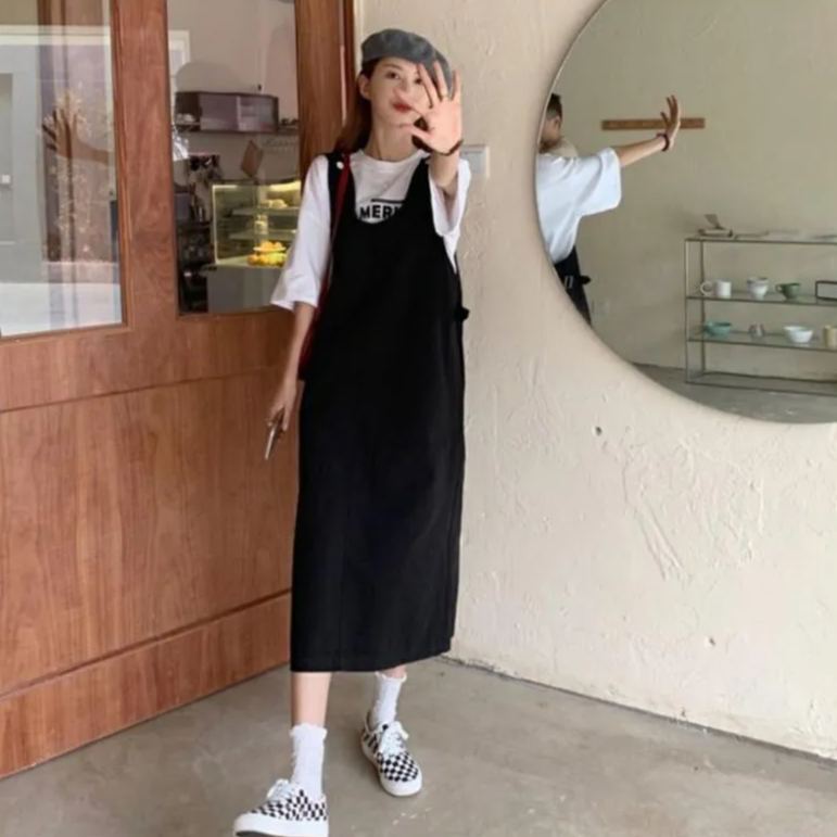 【單件/整套】日系顯瘦短袖減齡寬鬆背帶裙兩件套裝-HaloBless