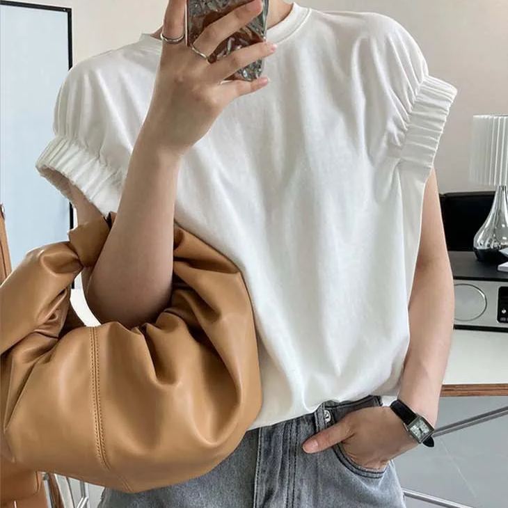 日韓系寬鬆設計感褶皺袖口T恤短袖-HaloBless