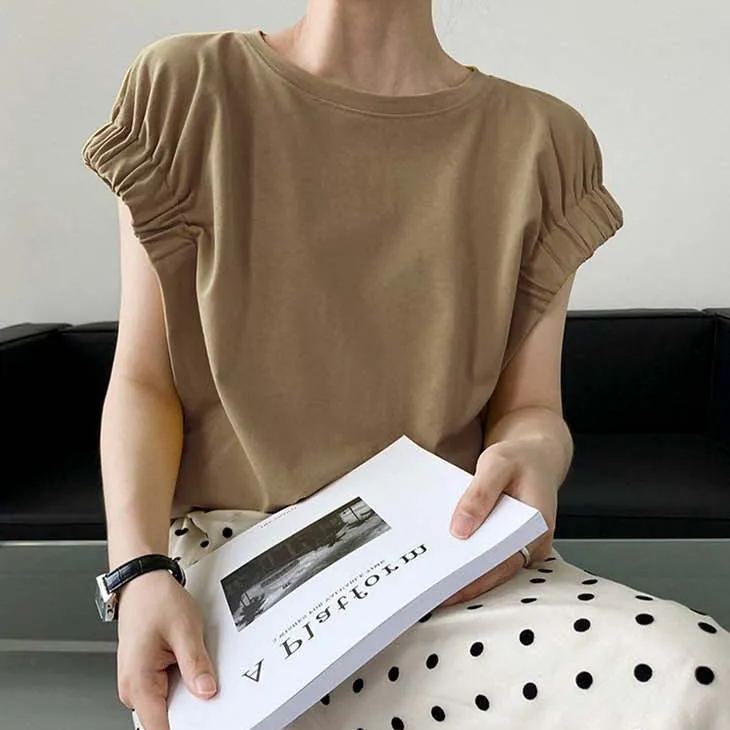 日韓系寬鬆設計感褶皺袖口T恤短袖-HaloBless