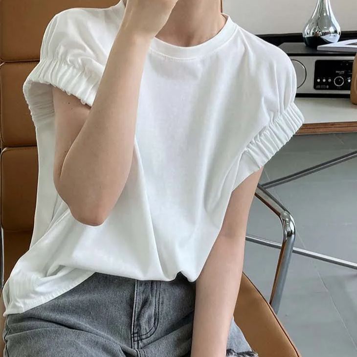 日韓系寬鬆設計感褶皺袖口T恤短袖-HaloBless