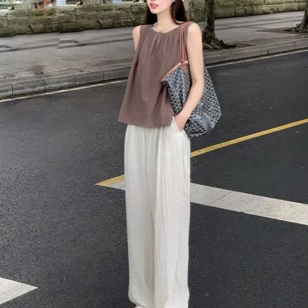 【單品/套裝】韓系復古港風上衣闊腿褲兩件套裝-HaloBless