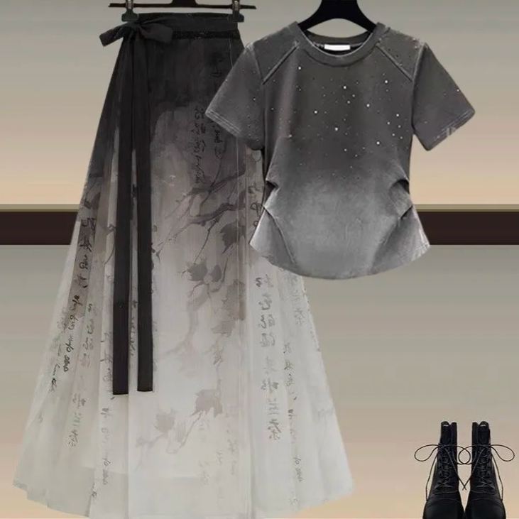 【單件/套裝】新中式漸變色短袖顯瘦國風馬面裙兩件套裝-HaloBless