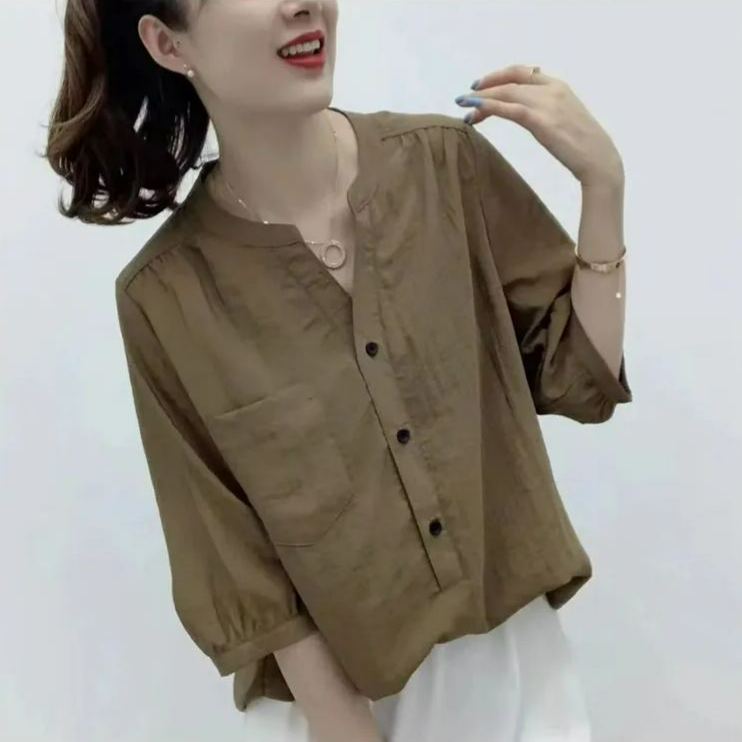 原創Polo領素色復古涼爽透氣寬鬆襯衫-HaloBless