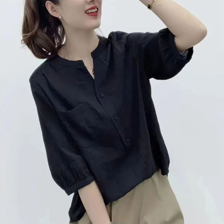 原創Polo領素色復古涼爽透氣寬鬆襯衫-HaloBless