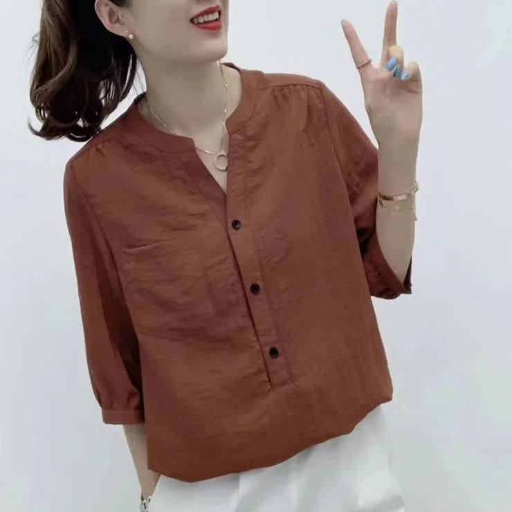 原創Polo領素色復古涼爽透氣寬鬆襯衫-HaloBless