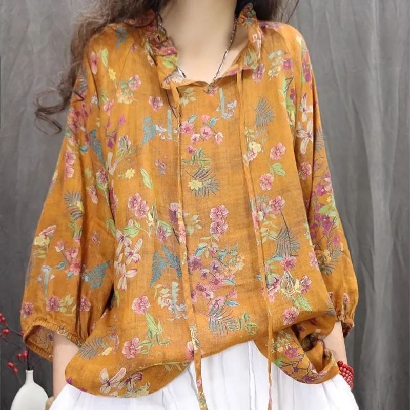 復古文藝洋氣印花時尚顯瘦百搭襯衫-HaloBless