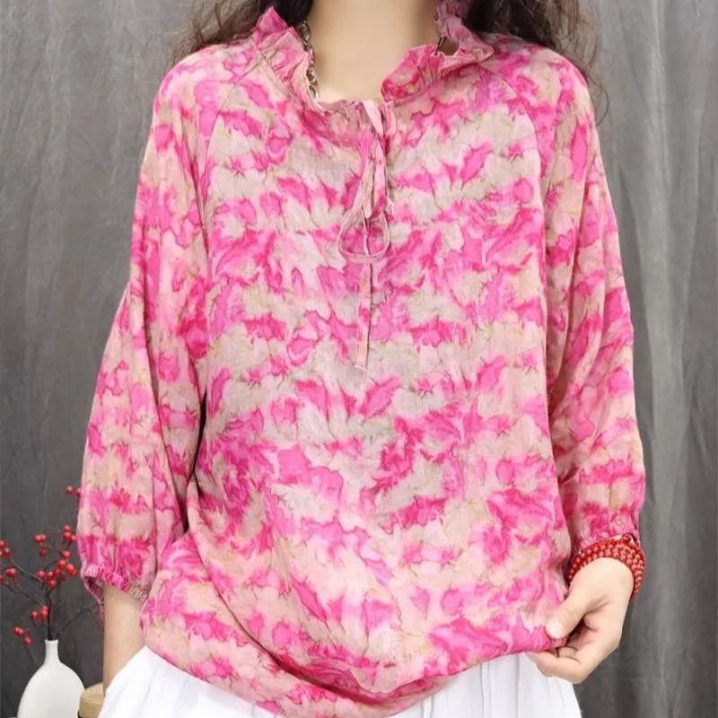 復古文藝洋氣印花時尚顯瘦百搭襯衫-HaloBless