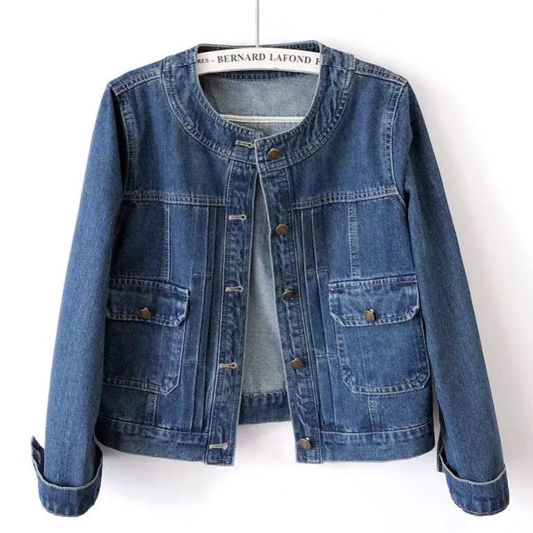 圓領壓褶短版正肩修身顯瘦牛仔夾克-HaloBless