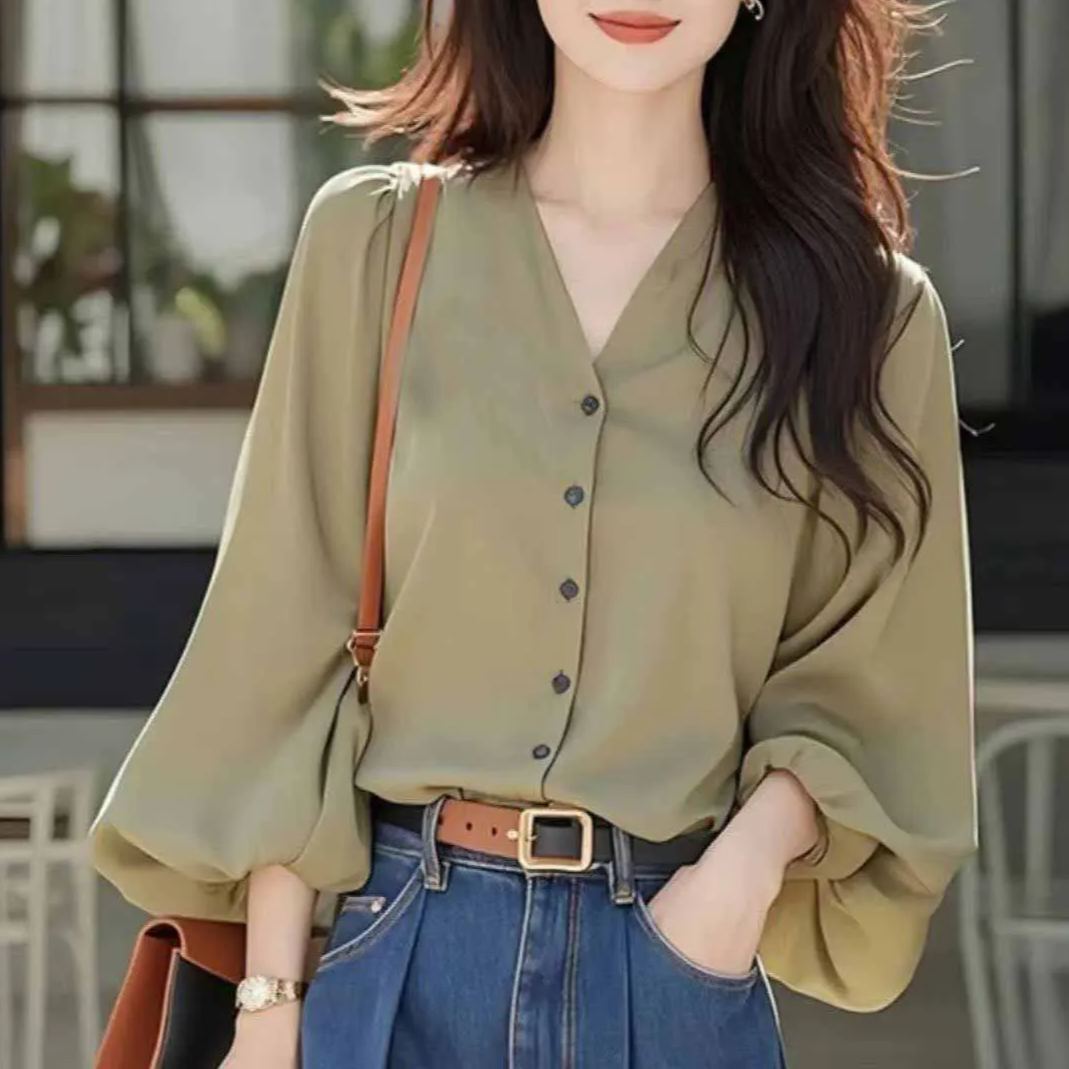 法式氣質漂亮超好看V領雪紡襯衫-HaloBless