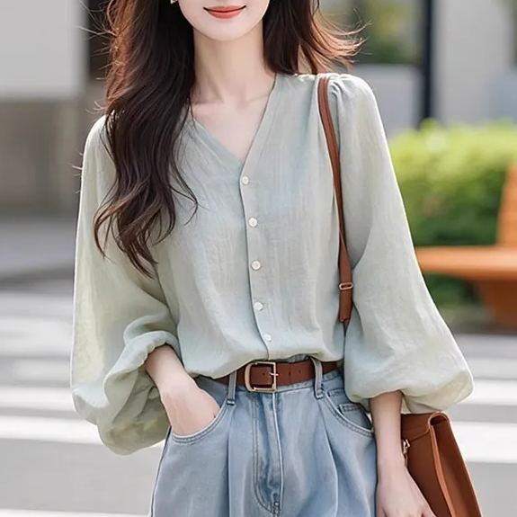 法式氣質漂亮超好看V領雪紡襯衫-HaloBless