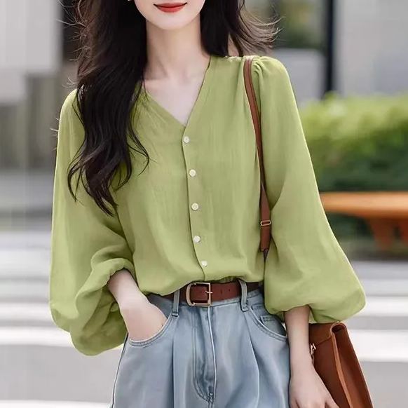 法式氣質漂亮超好看V領雪紡襯衫-HaloBless