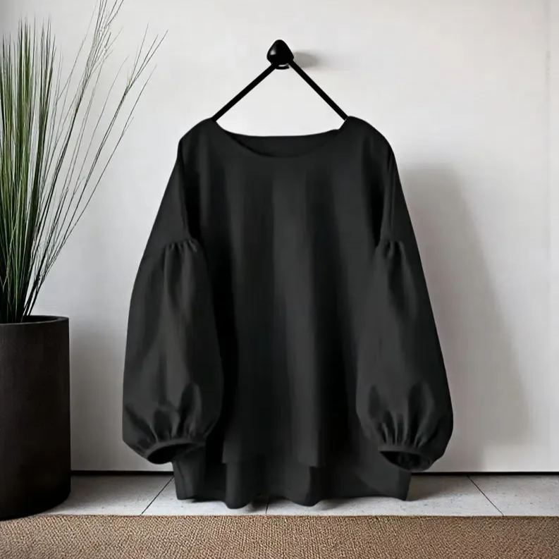 寬鬆休閒素色圓領長袖泡泡袖襯衫-HaloBless