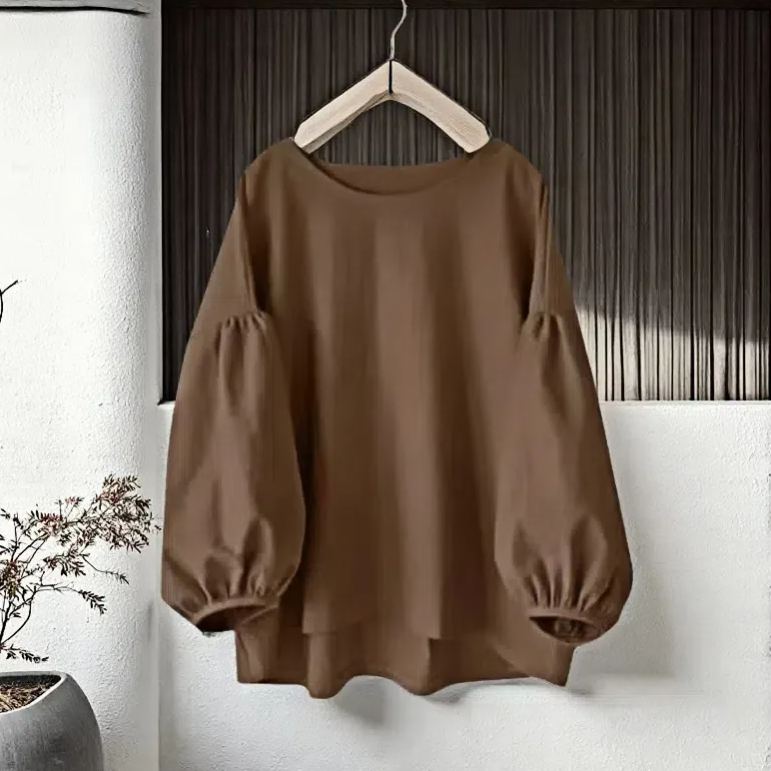 寬鬆休閒素色圓領長袖泡泡袖襯衫-HaloBless