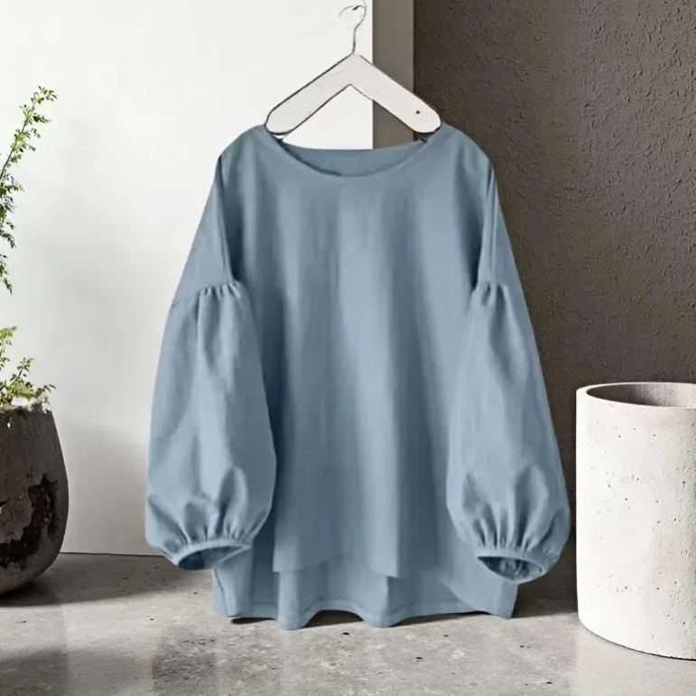 寬鬆休閒素色圓領長袖泡泡袖襯衫-HaloBless