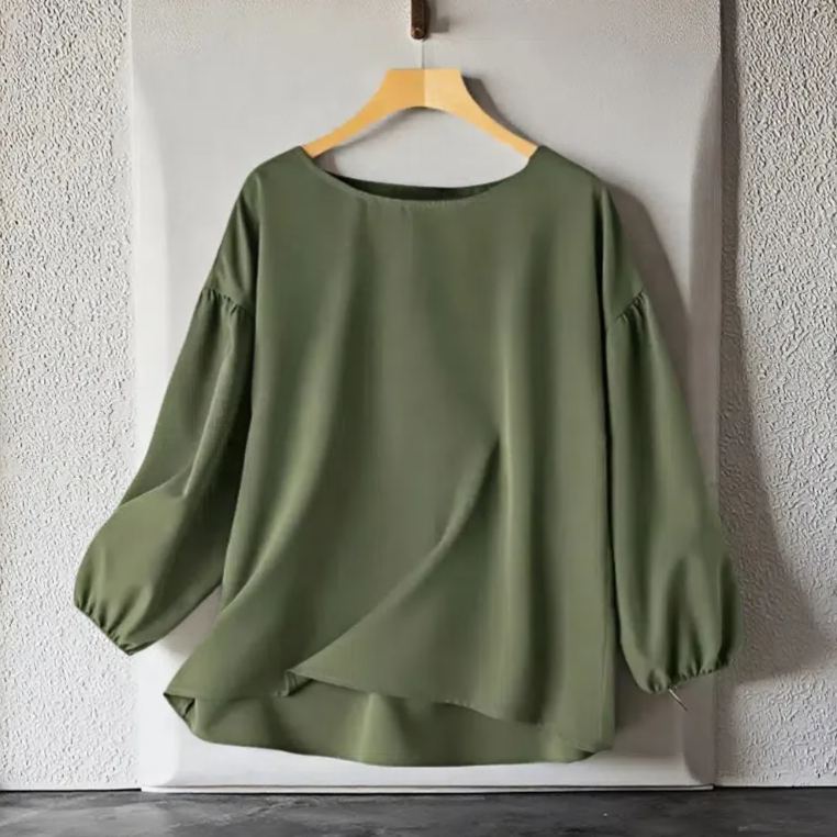 寬鬆休閒素色圓領長袖泡泡袖襯衫-HaloBless