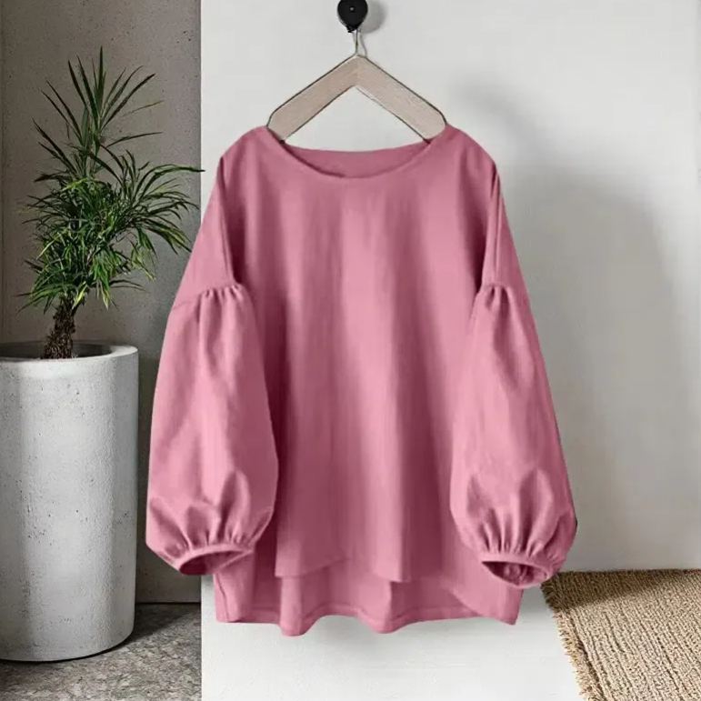 寬鬆休閒素色圓領長袖泡泡袖襯衫-HaloBless