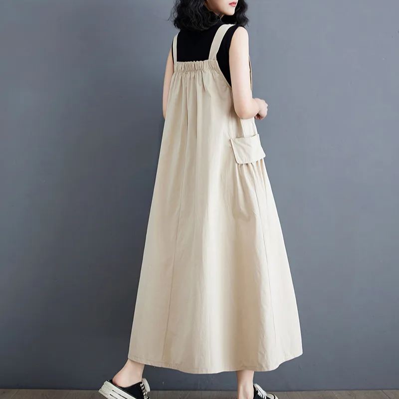 日韓簡約大碼寬鬆顯瘦氣質吊帶洋裝-HaloBless