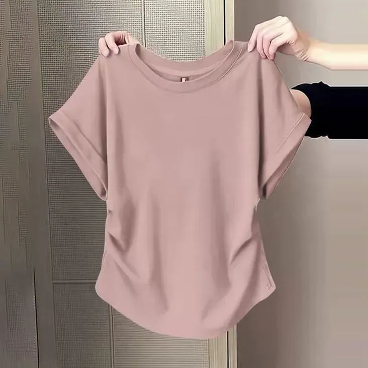 百搭修身顯瘦遮肉微褶設計感圓領短袖-HaloBless