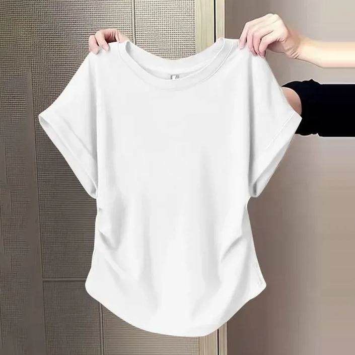 百搭修身顯瘦遮肉微褶設計感圓領短袖-HaloBless