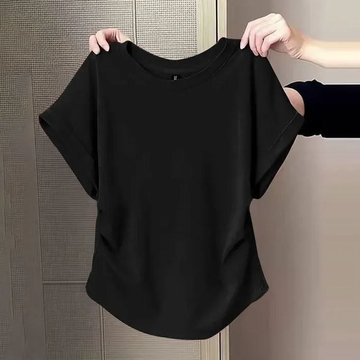 百搭修身顯瘦遮肉微褶設計感圓領短袖-HaloBless