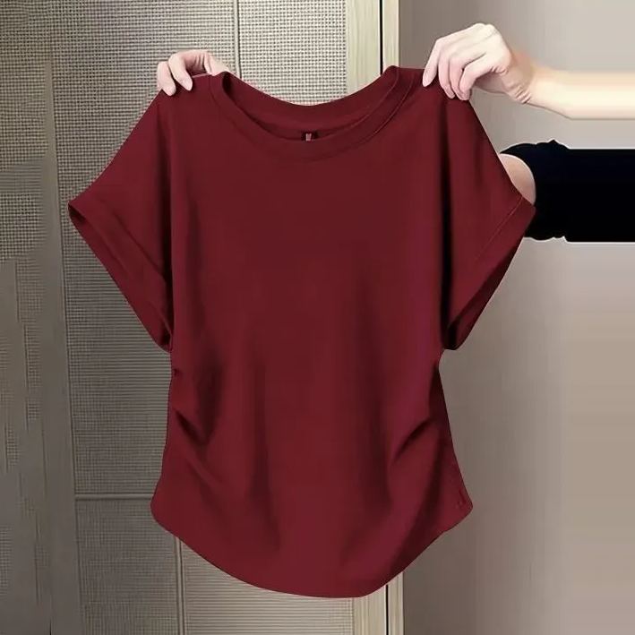 百搭修身顯瘦遮肉微褶設計感圓領短袖-HaloBless