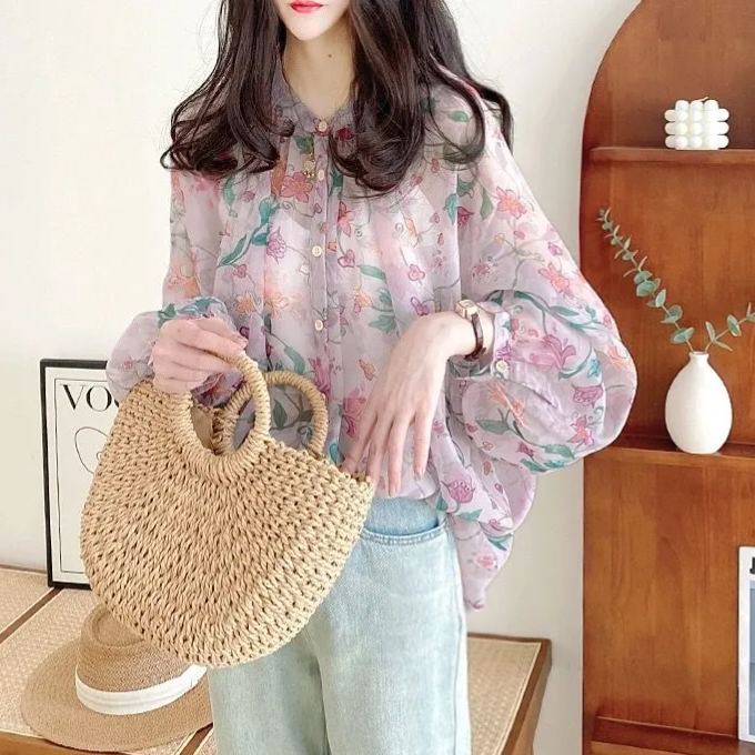 雪紡碎花寬鬆薄紗燈籠袖防曬襯衫-HaloBless