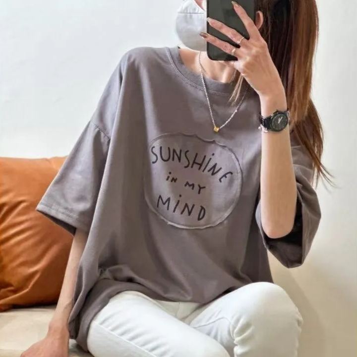 大碼貼布字母印花寬鬆圓領七分袖t恤-HaloBless