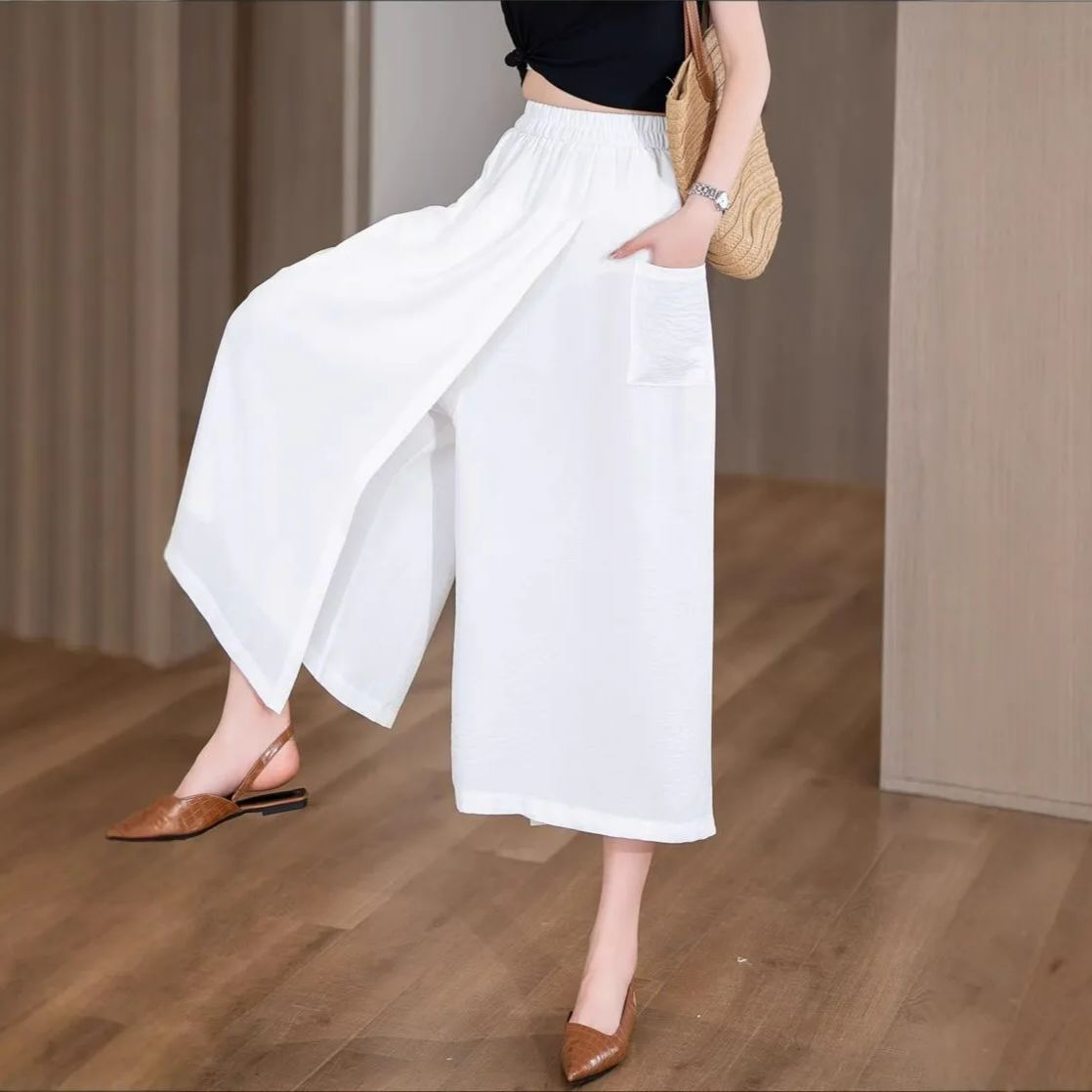 人氣款！慵懶風開叉休閒寬鬆高腰遮肉八分闊腿褲-HaloBless