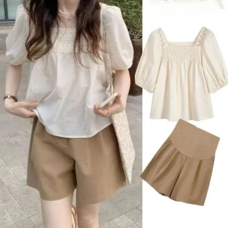 【套裝】小香風洋氣遮肚上衣時尚托腹褲兩件套裝-HaloBless