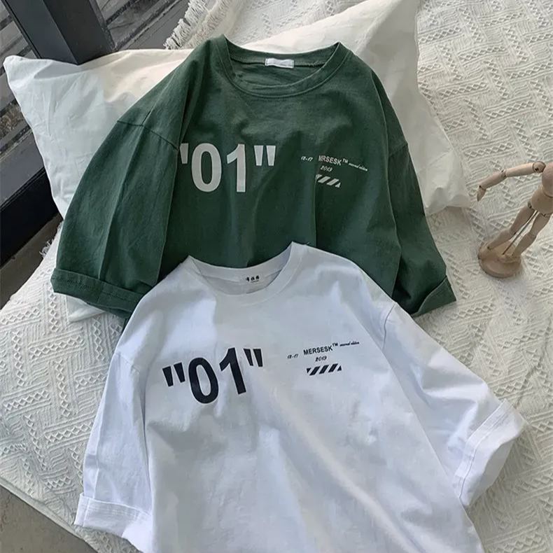 日系寬松休閑潮流字母印花五分短袖T恤-HaloBless