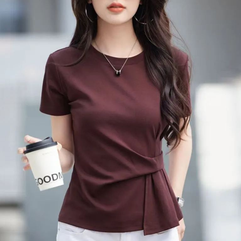 不規則設計純棉顯瘦褶皺收腰寬鬆短袖-HaloBless