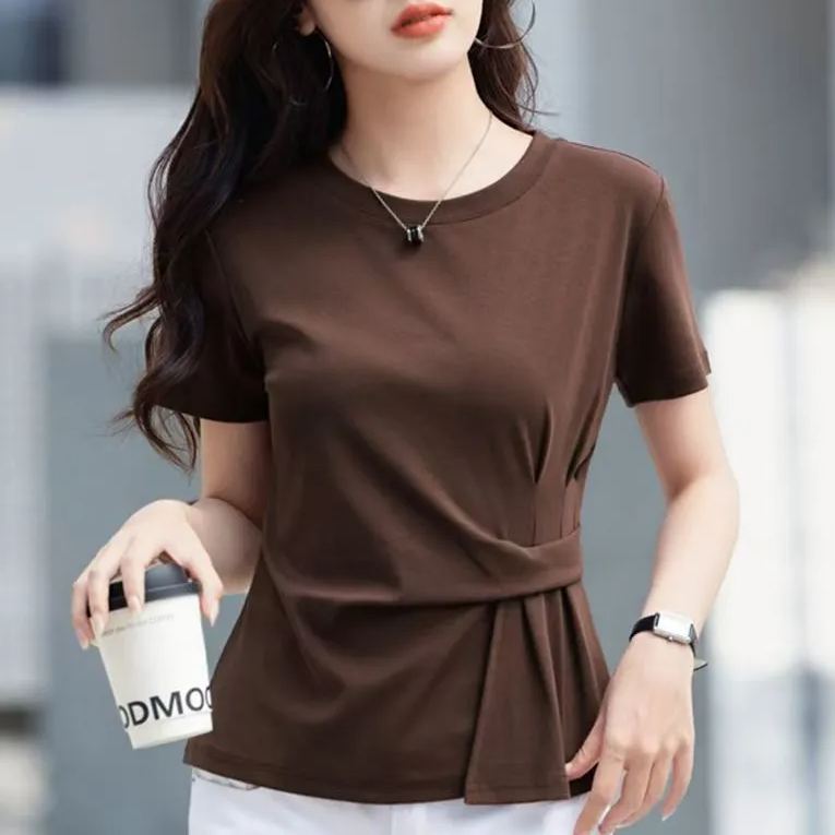 不規則設計純棉顯瘦褶皺收腰寬鬆短袖-HaloBless