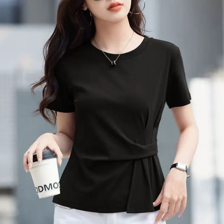 不規則設計純棉顯瘦褶皺收腰寬鬆短袖-HaloBless