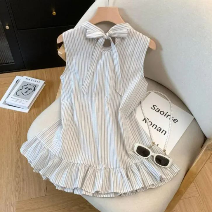 木耳邊擺掛脖蝴蝶結綁帶無袖條紋襯衫-HaloBless
