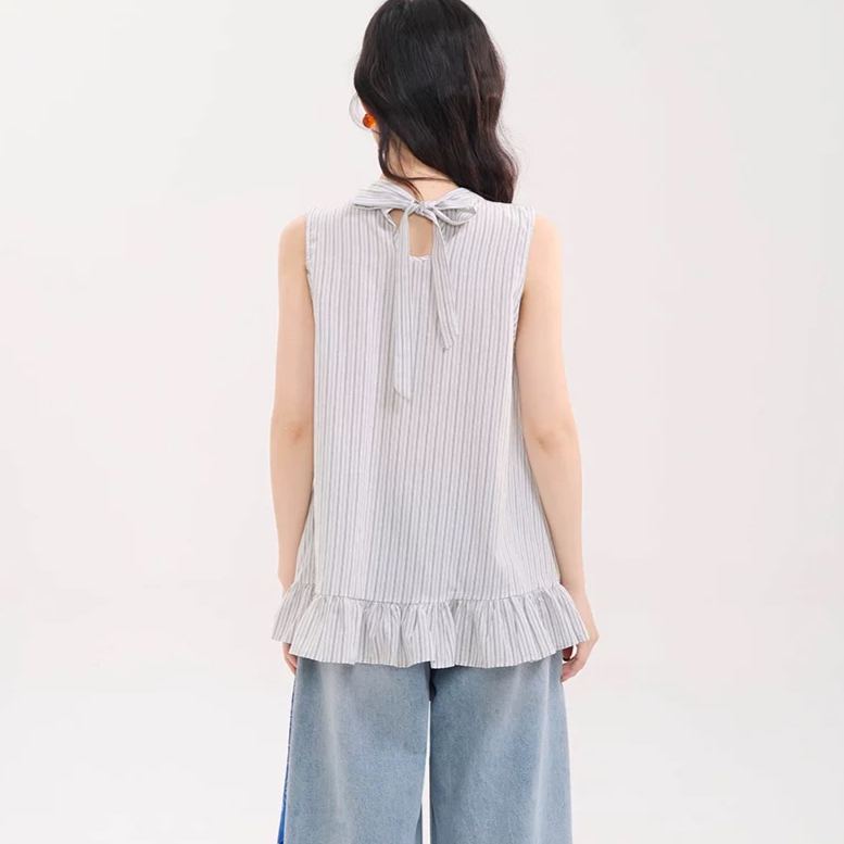 木耳邊擺掛脖蝴蝶結綁帶無袖條紋襯衫-HaloBless