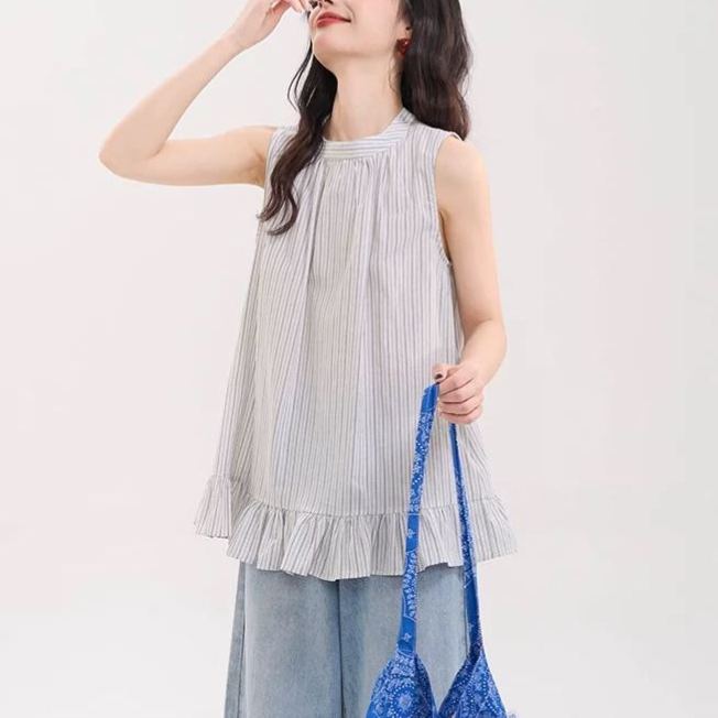 木耳邊擺掛脖蝴蝶結綁帶無袖條紋襯衫-HaloBless