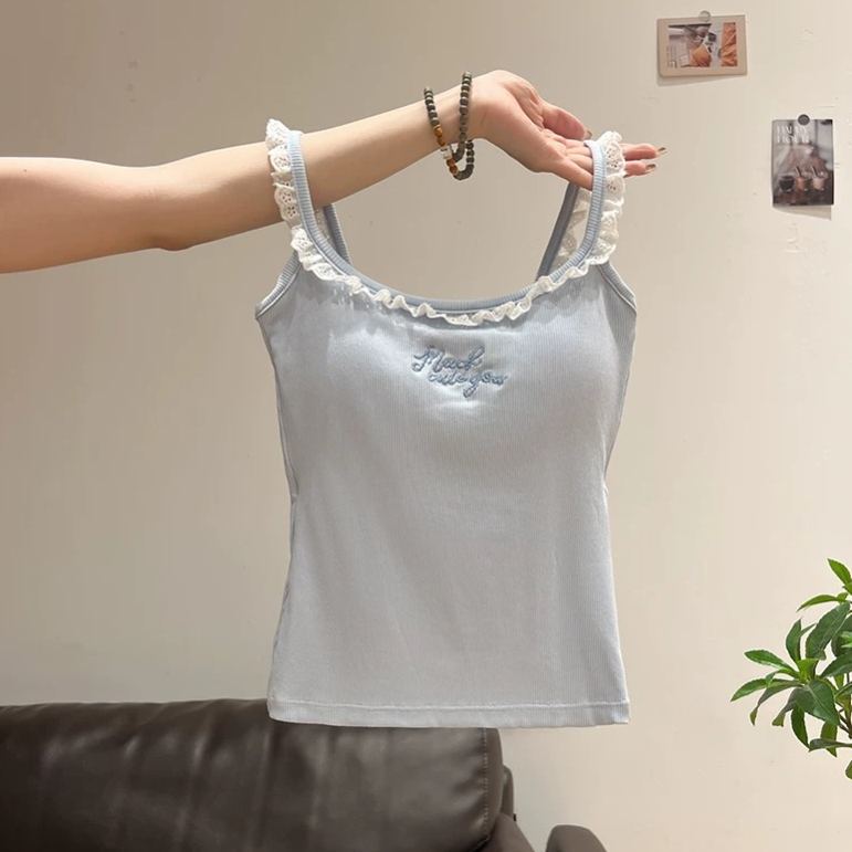 純欲蕾絲刺繡帶胸墊美背設計感顯瘦吊帶背心-HaloBless