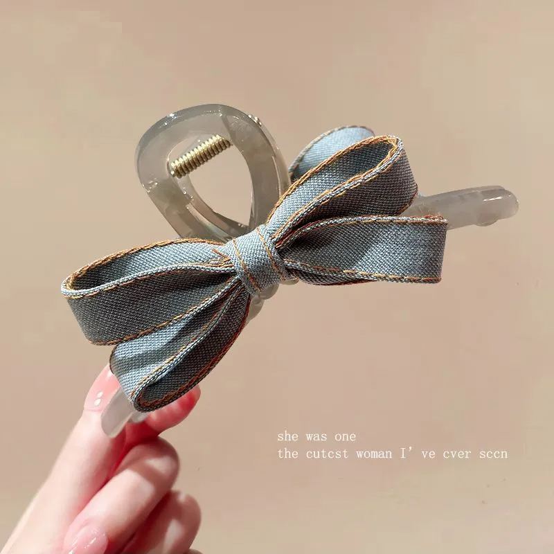 时尚牛仔蓝高级感鲨鱼夹蝴蝶结抓夹-HaloBless