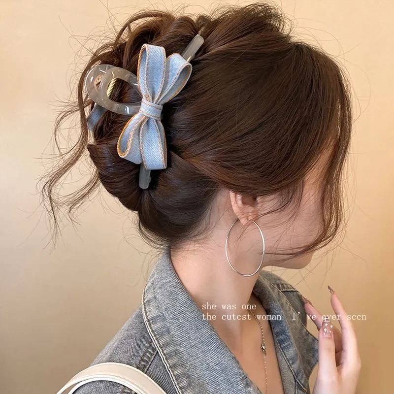 时尚牛仔蓝高级感鲨鱼夹蝴蝶结抓夹-HaloBless