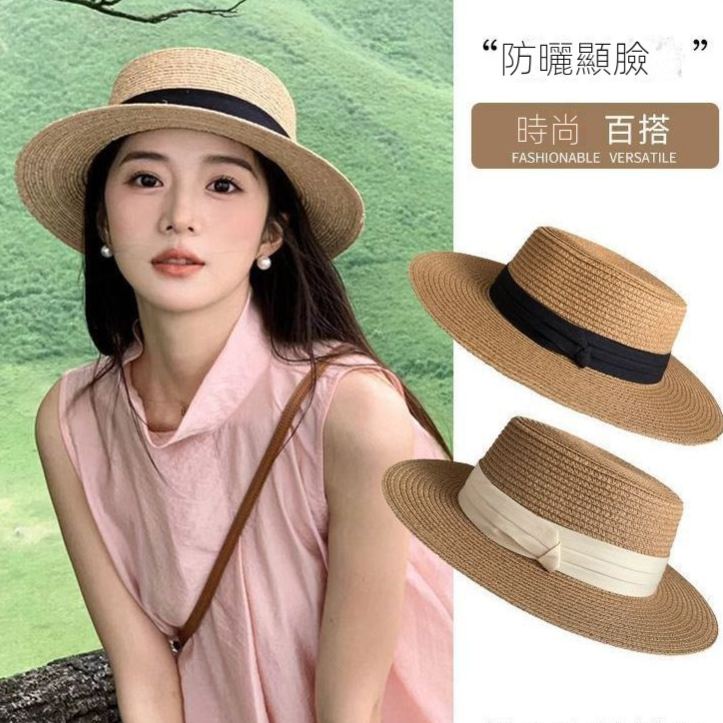 赫本風法式平頂草帽大帽檐遮陽防曬帽度假沙灘帽-HaloBless