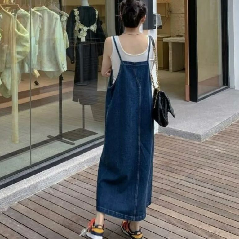 寬鬆減齡宽鬆型薄款開叉吊帶牛仔洋裝-HaloBless