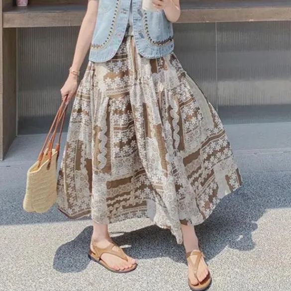 【單品/套裝】復古民族風刺繡牛仔馬甲半身裙兩件套裝-HaloBless