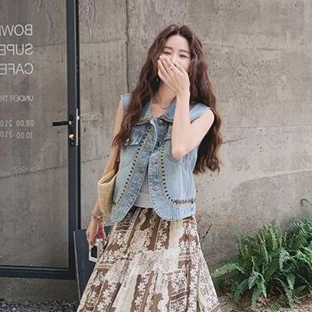 【單品/套裝】復古民族風刺繡牛仔馬甲半身裙兩件套裝-HaloBless