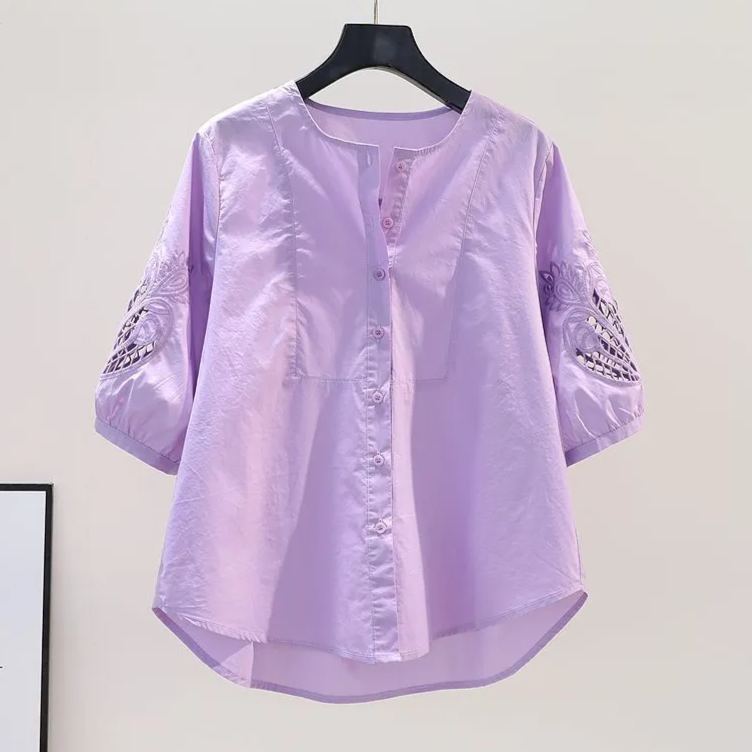 鏤空繡花設計感圓領寬鬆五分袖純棉襯衫-HaloBless