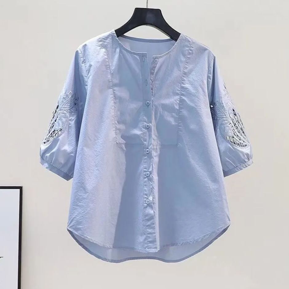 鏤空繡花設計感圓領寬鬆五分袖純棉襯衫-HaloBless